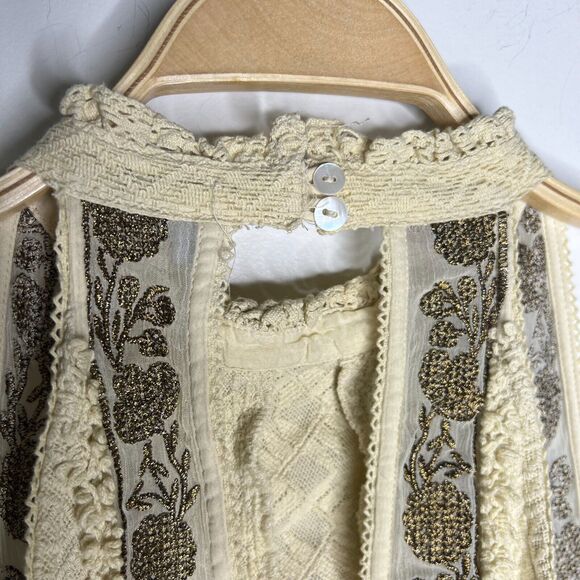 Urban Outfitters Ecote Sz M Peplum Top Ivory‎ Crochet Lace Metallic Embroidery - Picture 5 of 11